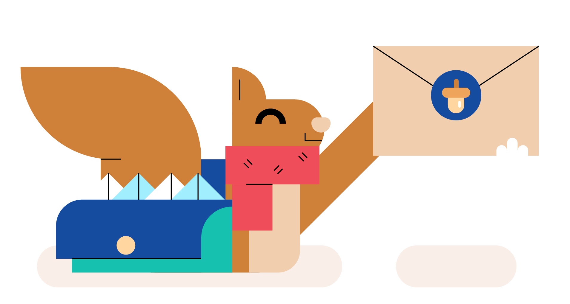 A squirrel wearing a scarf holds up a letter. At their side is a messenger bag filled with other letters.